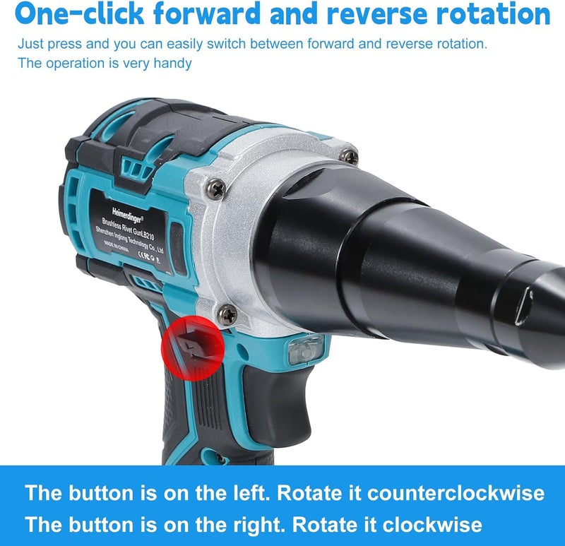 Heimerdinger Brushless Cordless Rivet Gun Compatible with Makita 18V Battery (Not Included), 12000N Pulling Force, for 1/8" 5/32" 3/16" Rivets, LED Light, Auto Reverse - Image 4